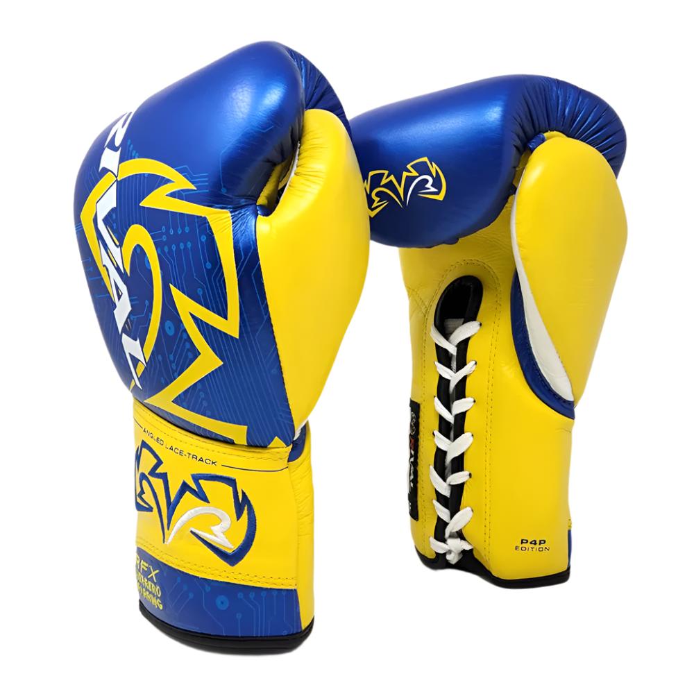 rival rfx guerrero lace sparring gloves p4p edition blue and yellow with rival boxing logo