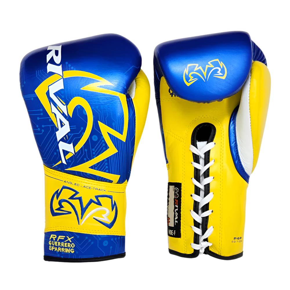 rival rfx guerrero lace sparring gloves p4p edition blue and yellow with rival boxing logo