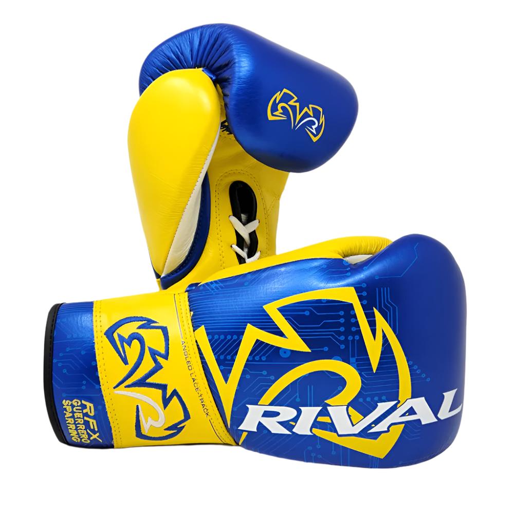 rival rfx guerrero lace sparring gloves p4p edition blue and yellow with rival boxing logo