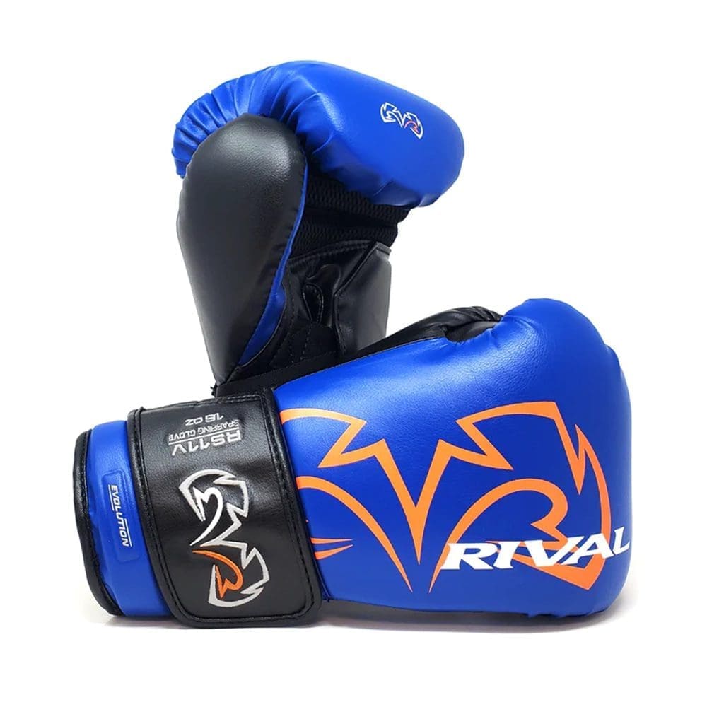 Rival rs11v sparring gloves blue with white and orange Rival boxing logo