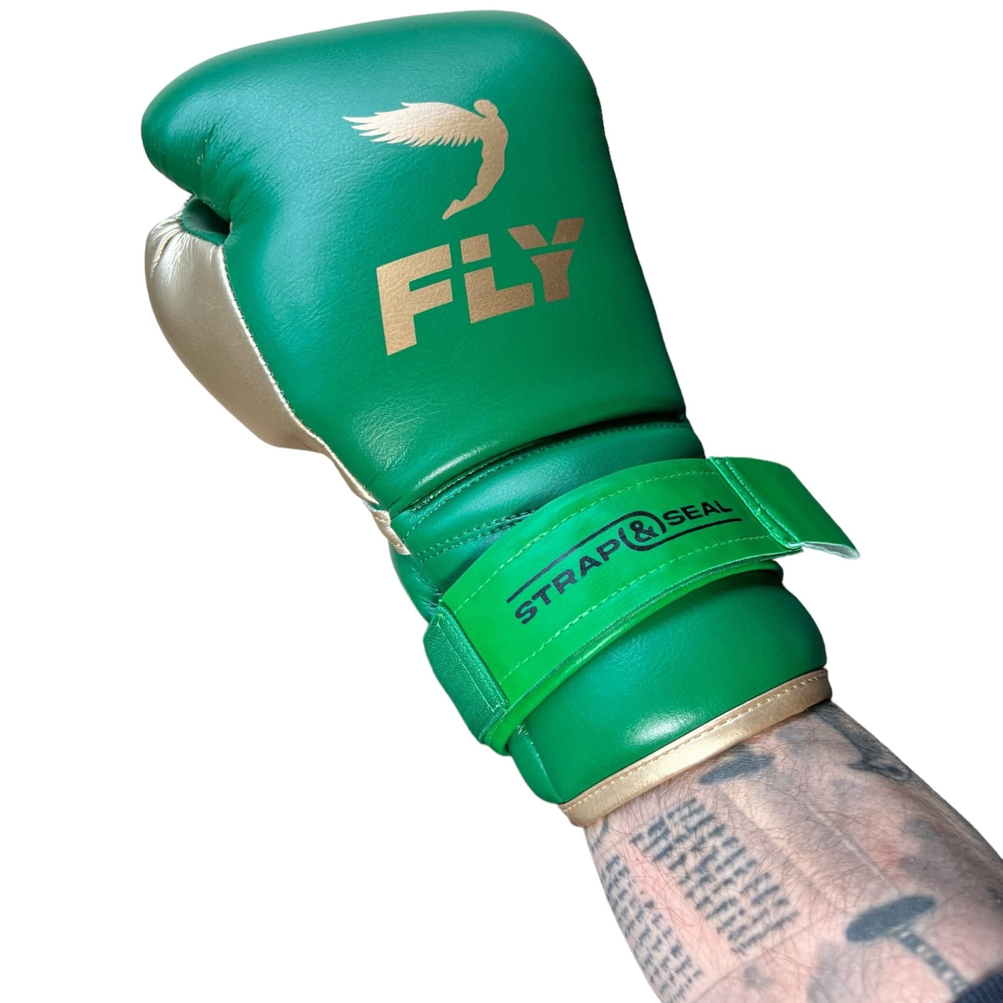 strap and seal lace boxing gloves converter in green colour with black strap and seal logo attached onto a pair of green boxing gloves