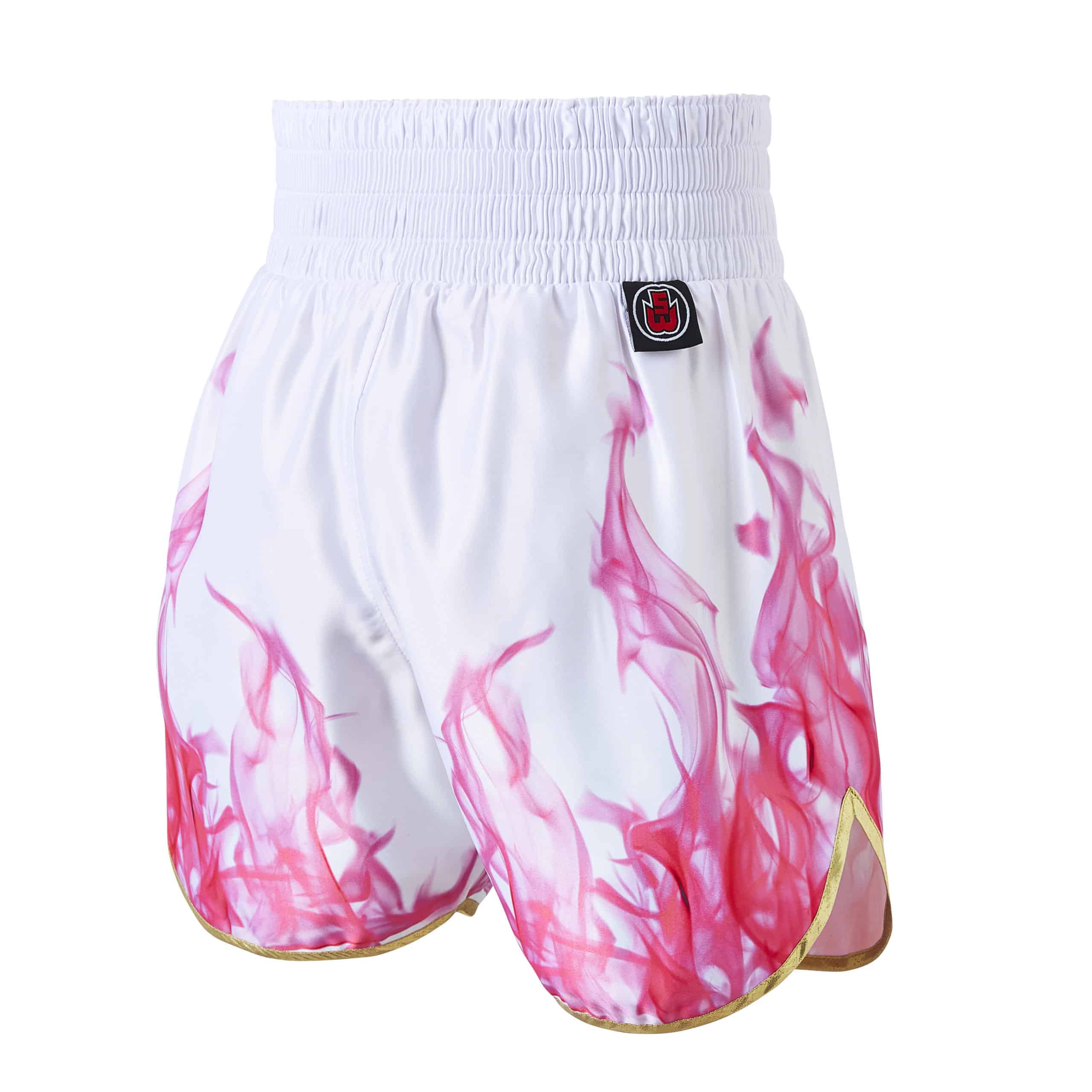 Suzi Wong Smoke Boxing Shorts White with pink flames and gold trim