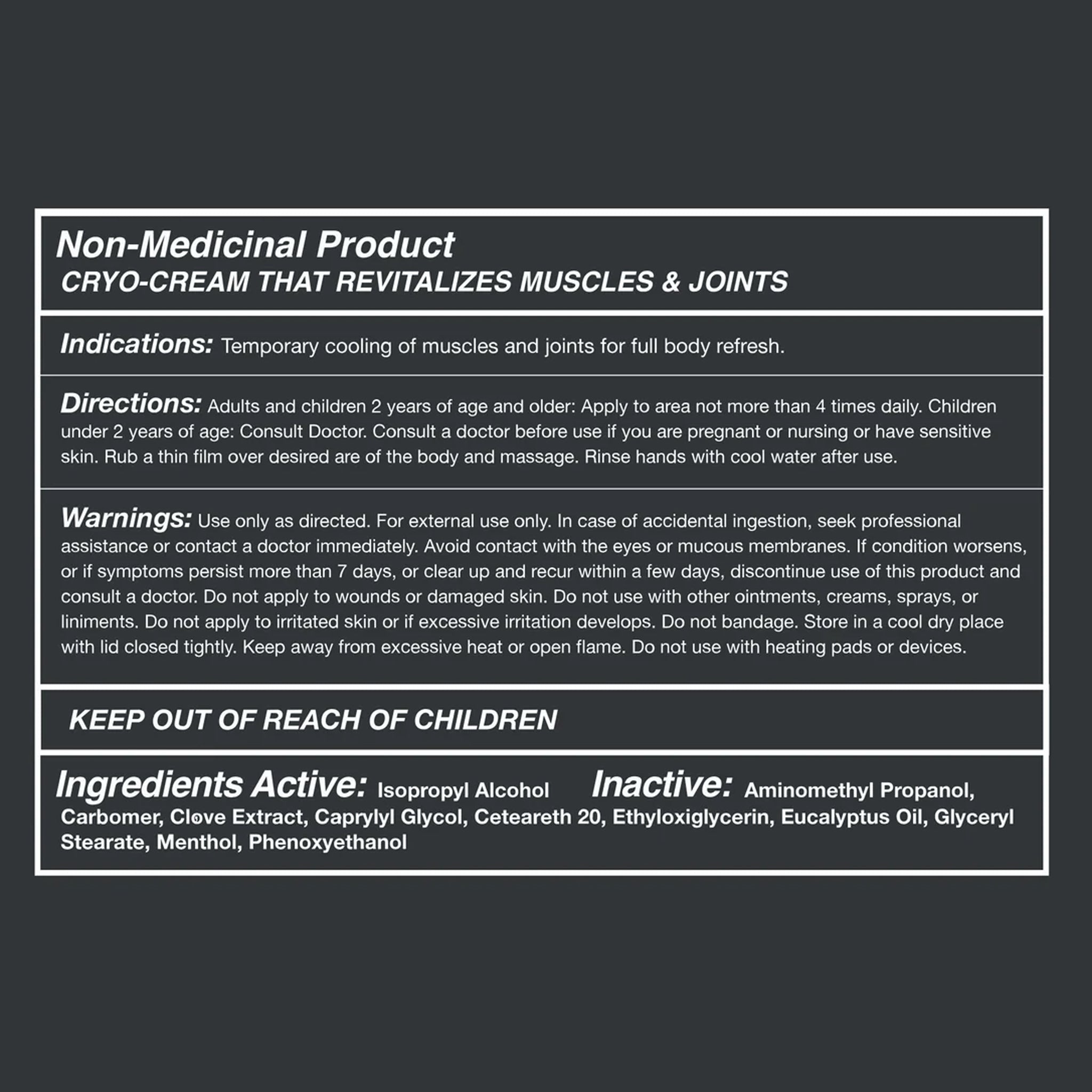 TIDL Cryo Cream ingredients