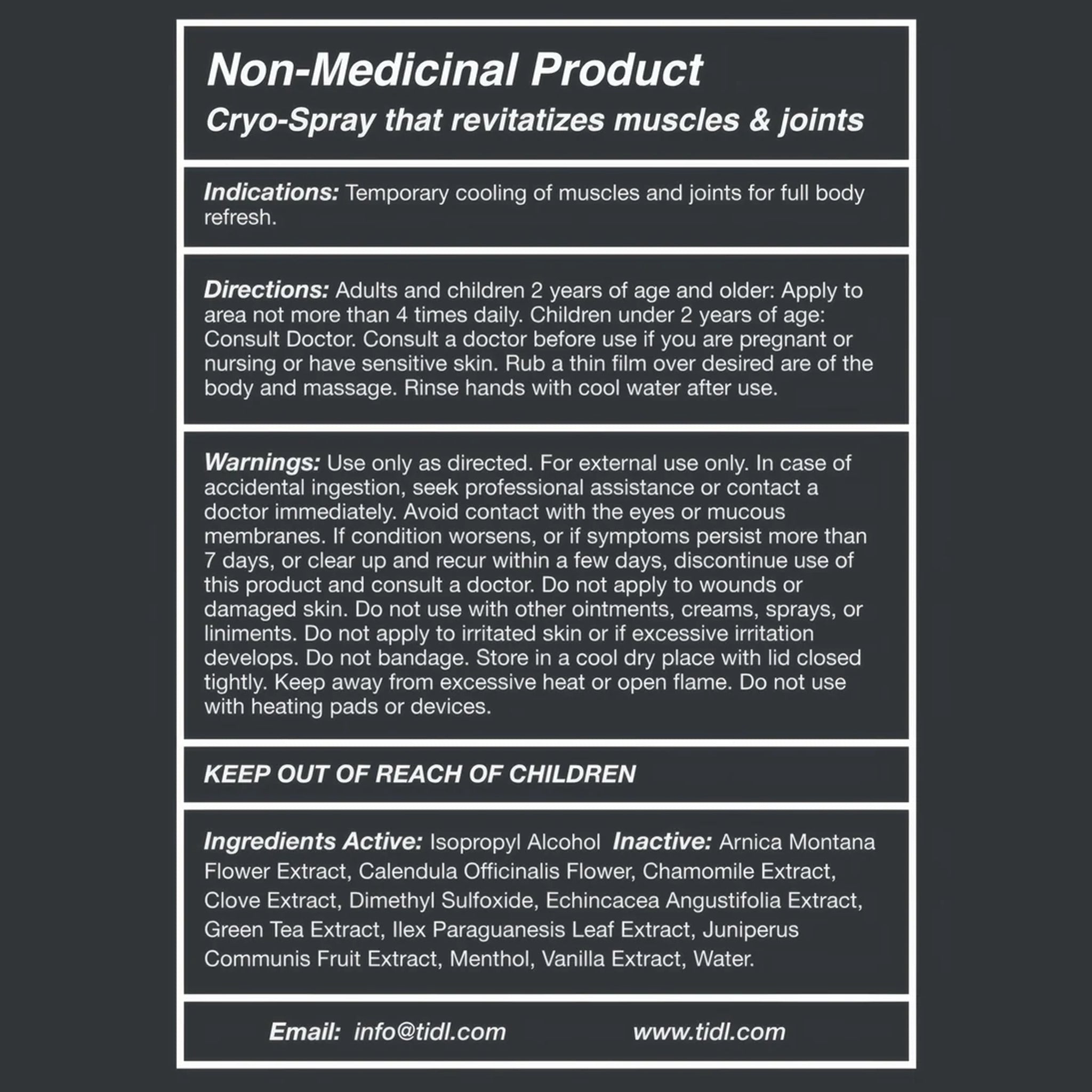 TIDL Cryo Spray ingredients
