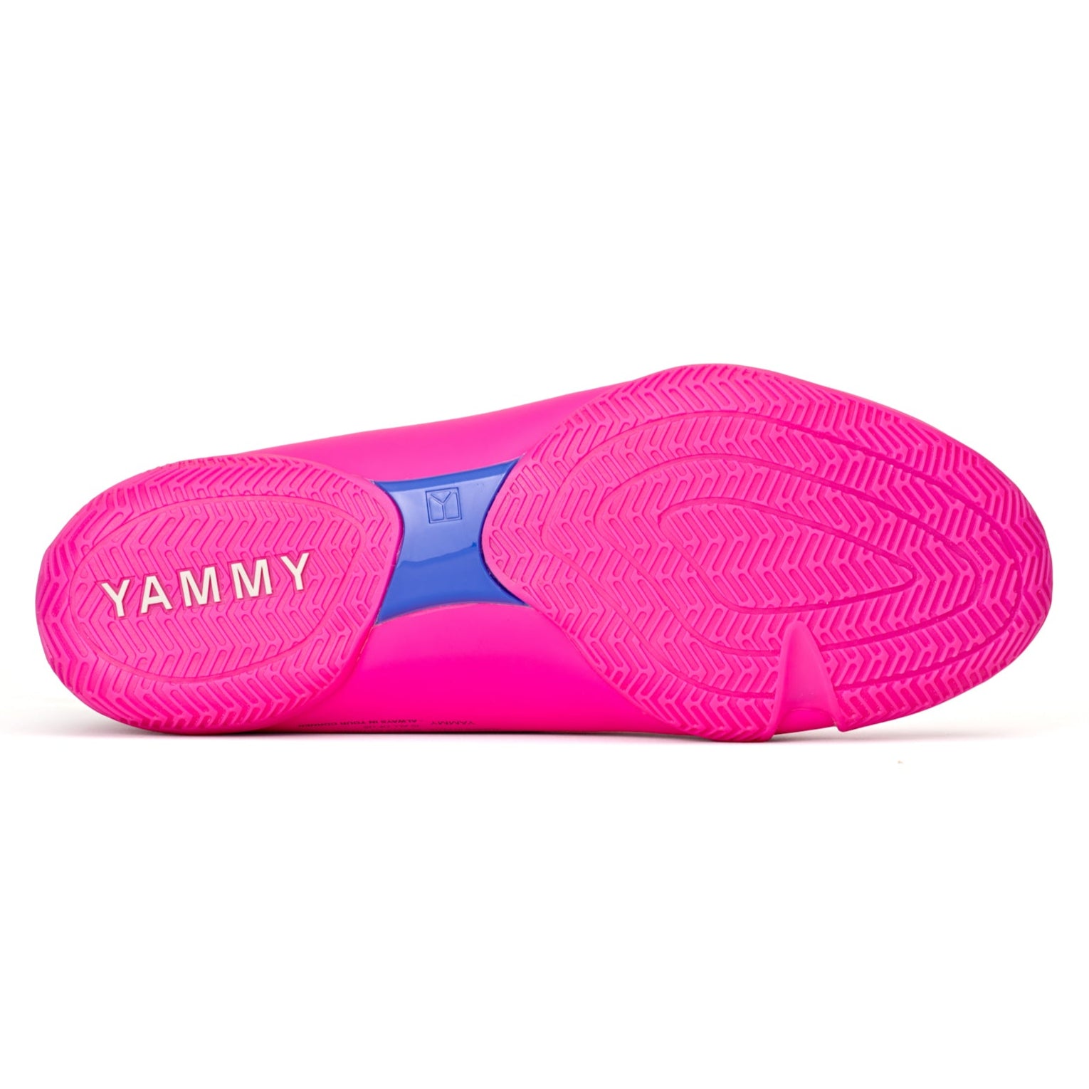 Yammy Mid Flux Boxing Boots Pink showing the boot on its side to see the sole neon pink wiht white Yammy text logo