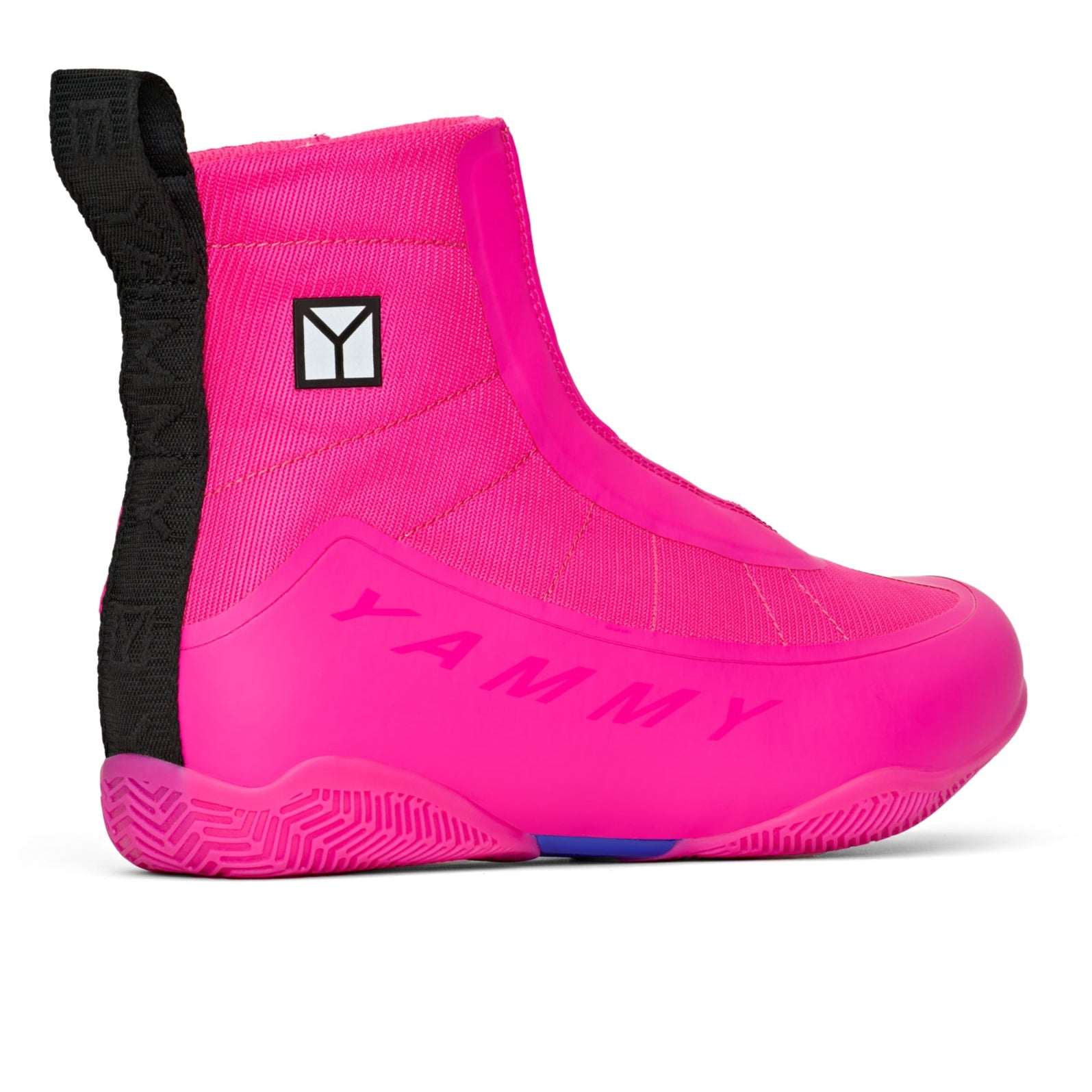 Yammy Mid Flux Boxing Boots Pink with Yammy text angle view from rear of shoe