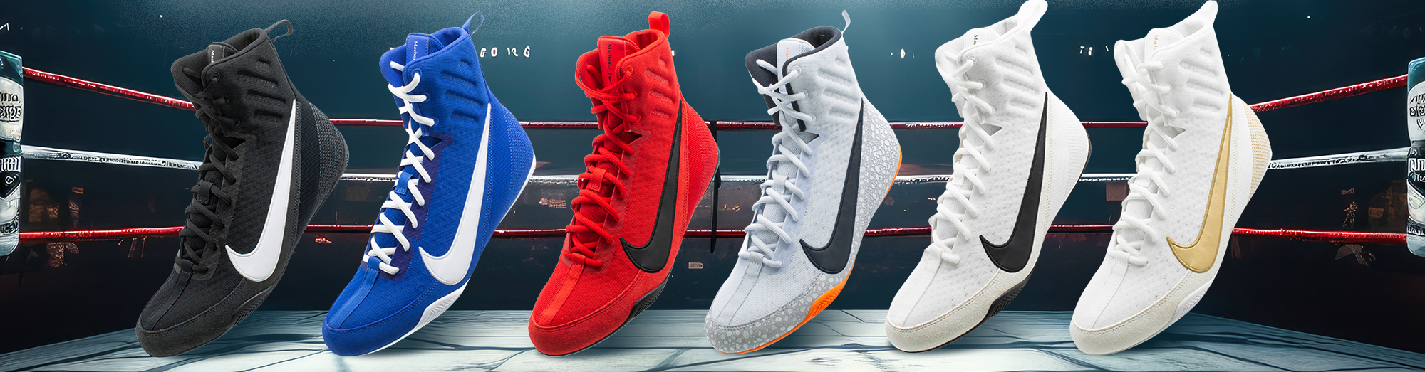 Nike Machomai 3 Boxing Boots 6 colourways in a row left to right is black/white, blue/white, red/black, grey/orange, white/black, white/gold each has a large Nike swoosh