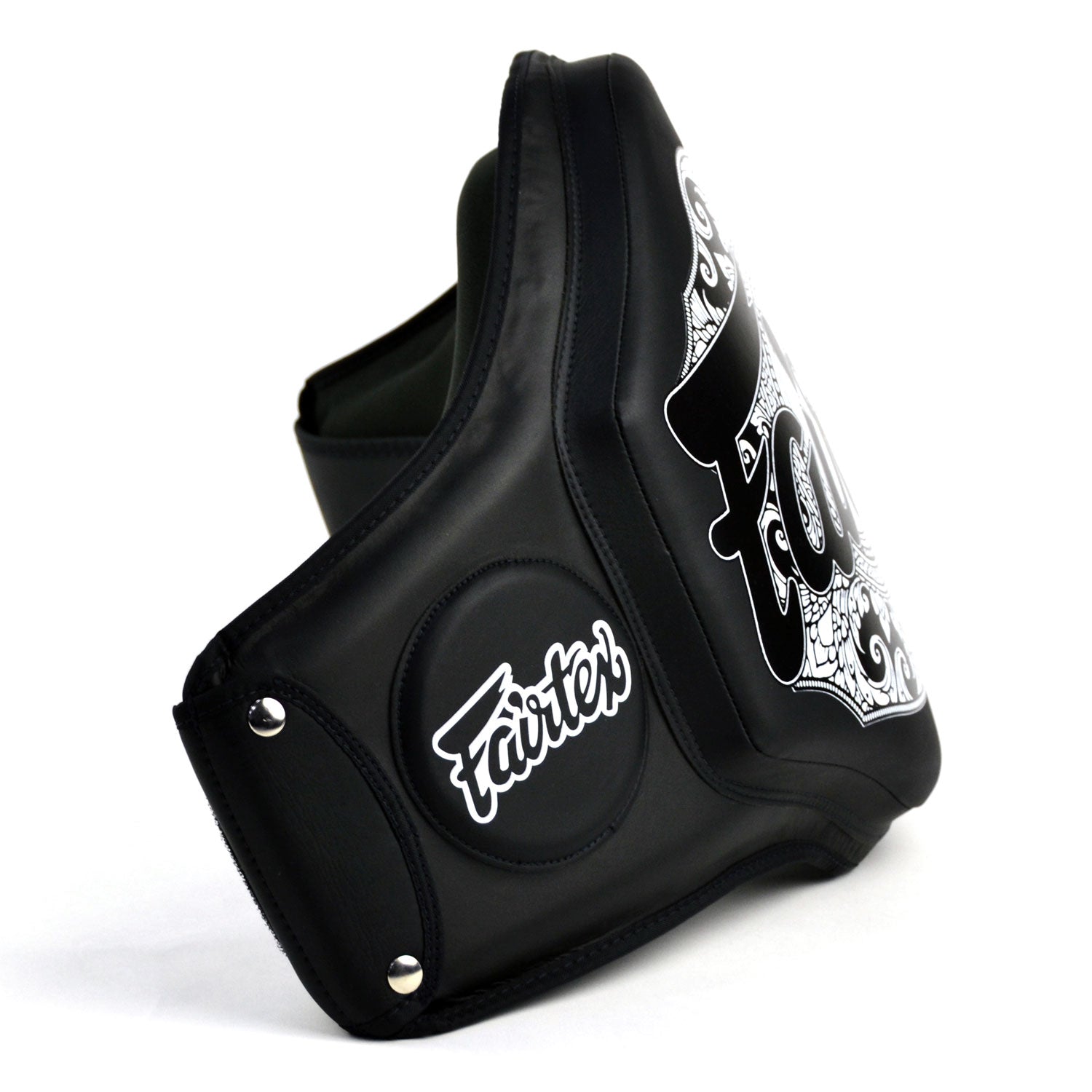 Fairtex BPV3 Belly Pad Black White side view small white Fairtex text logo