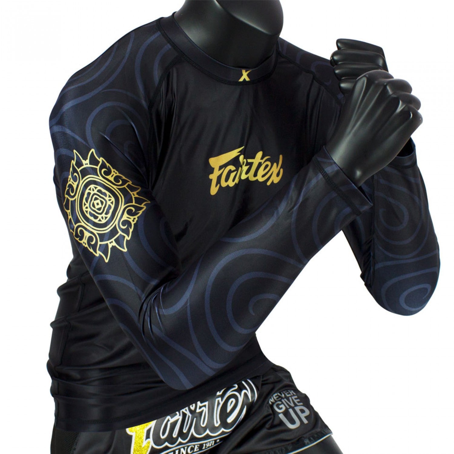 Fairtex Ninlapat Long Sleeve Rash Guard Black Gold with gold fairtex logo