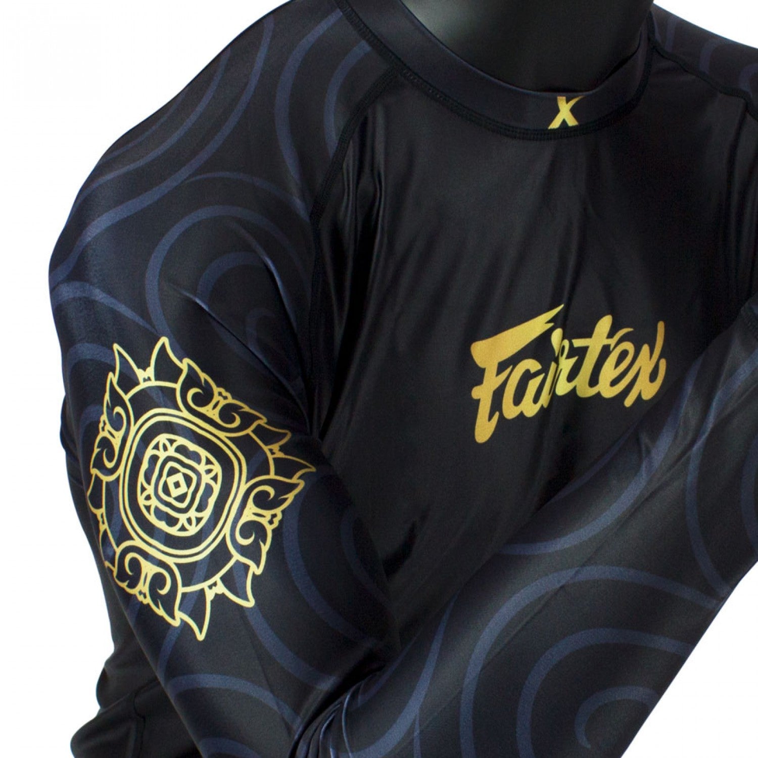 Fairtex Ninlapat Long Sleeve Rash Guard Black Gold with gold fairtex logo
