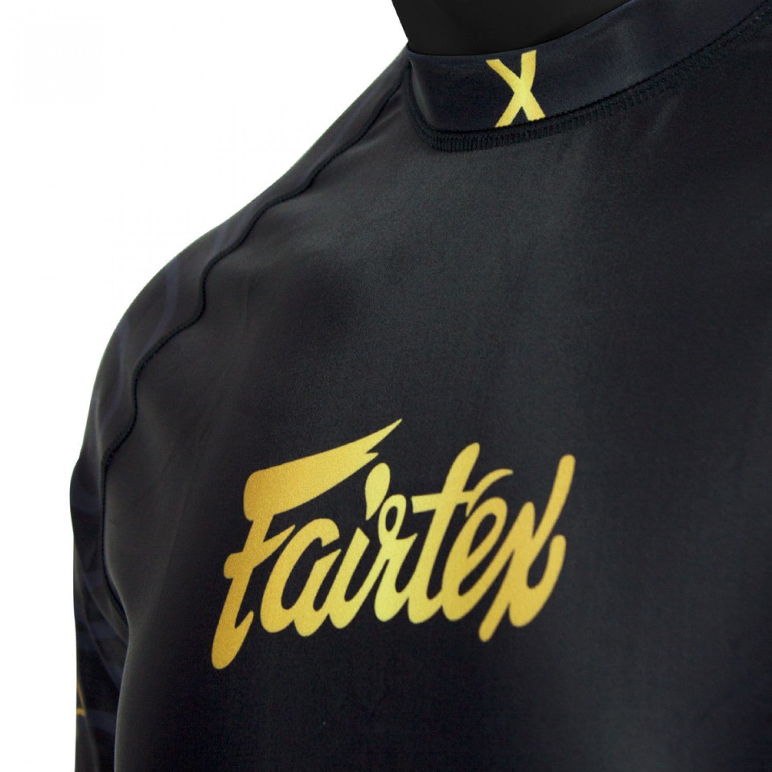 Fairtex Ninlapat Long Sleeve Rash Guard Black Gold with gold fairtex logo