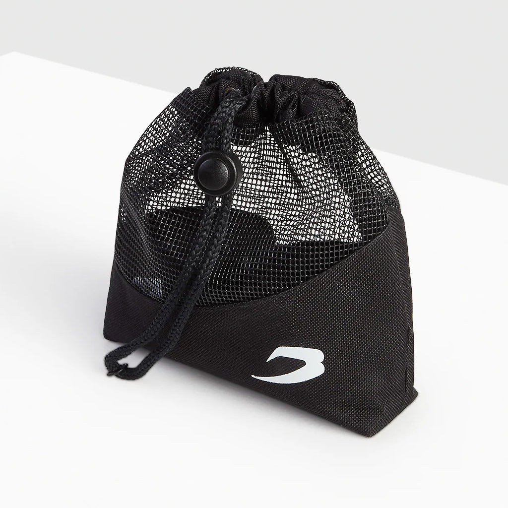 Black mesh drawstring bag with a boxraw logo on a white background