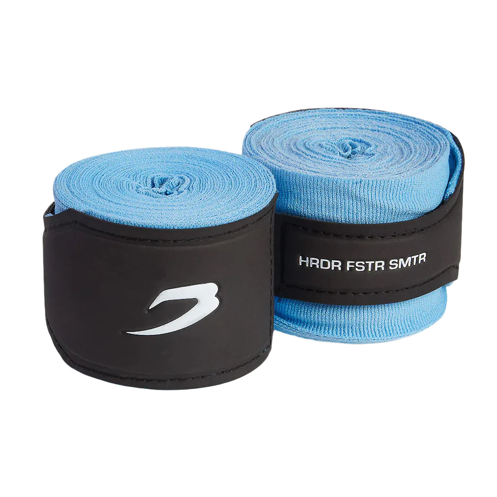 Two rolls of boxraw 4.5m handwraps blue colour with black wrist cuffs on a white background