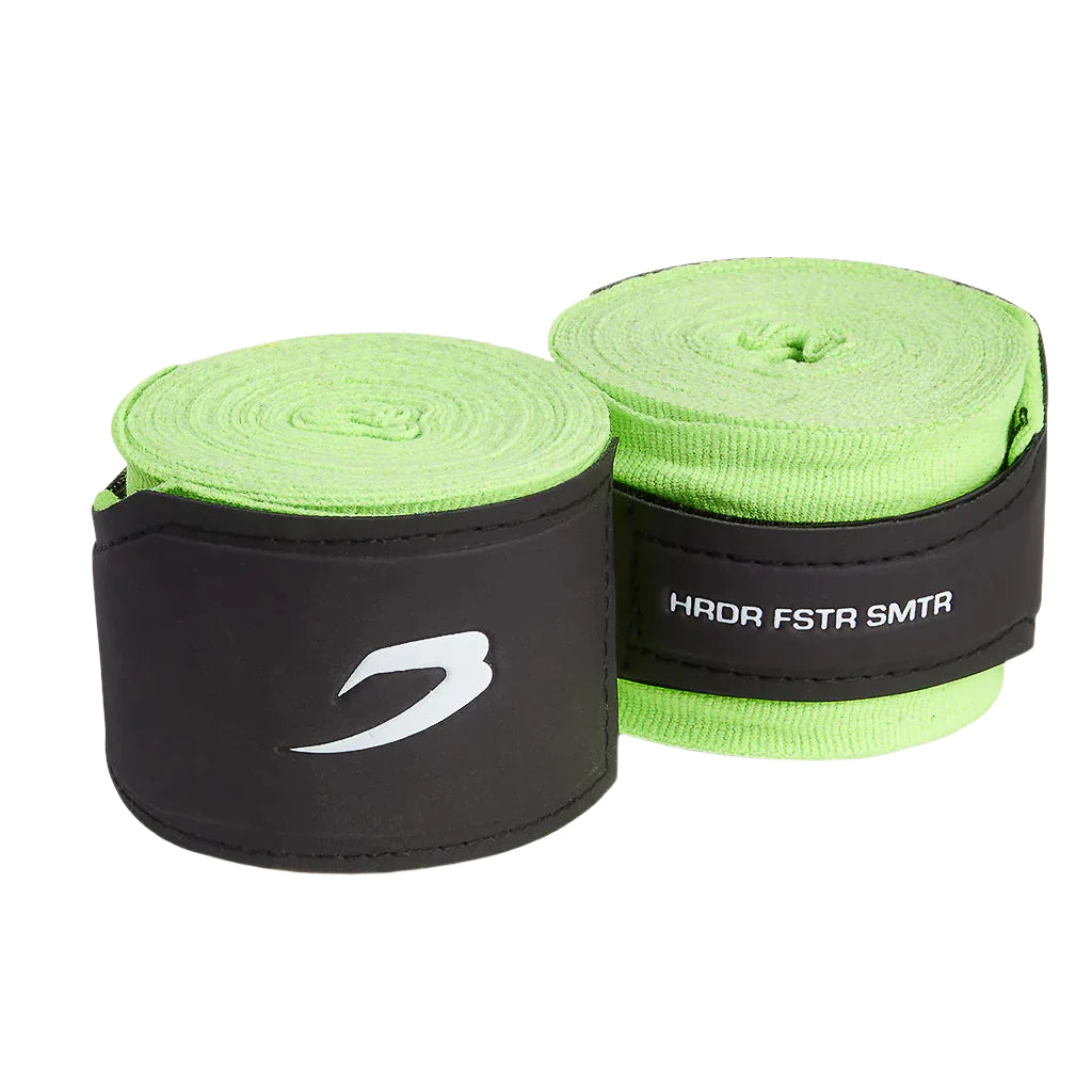 Two rolls of green boxraw 4.5m boxing hand wraps with black wrist straps on a white background