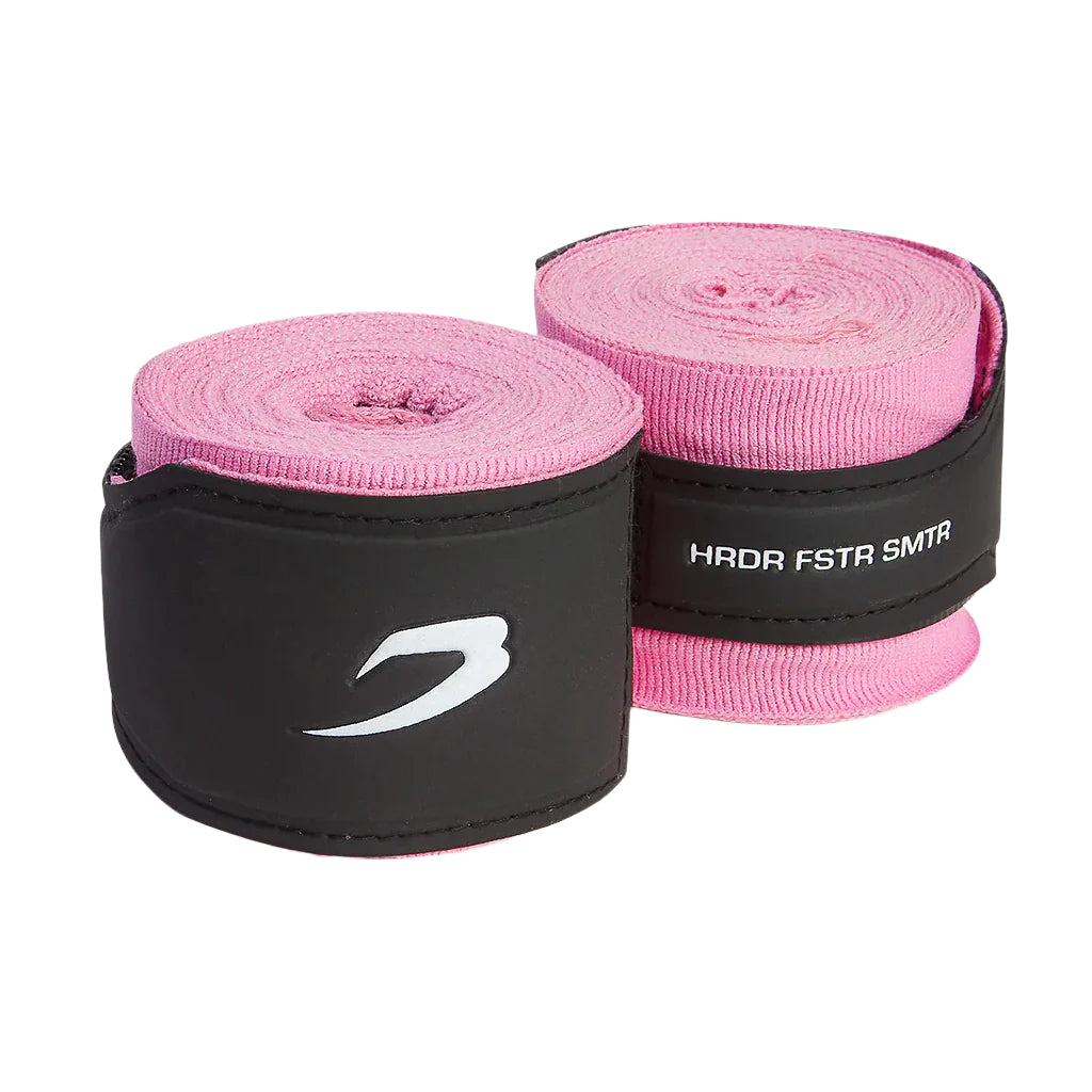 Two rolls of pink boxraw 4.5m hand wraps with black sleeves on a white background
