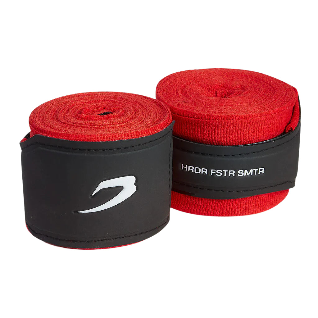 Two rolls of boxraw 4.5m hand wraps red with black wrist cuffs on a white background