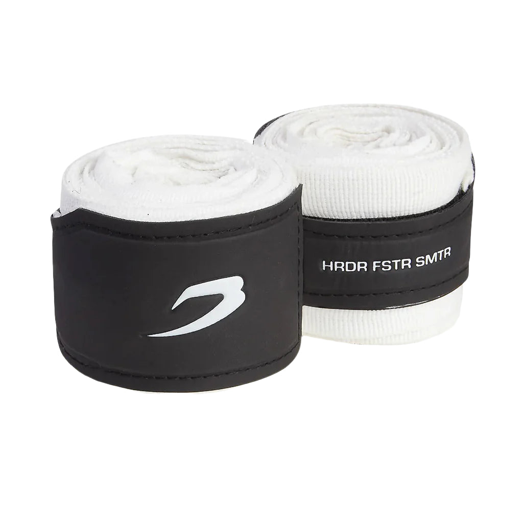 Two rolls of boxraw 4.5m handwraps white hand wraps with black wrist cuffs on a white background