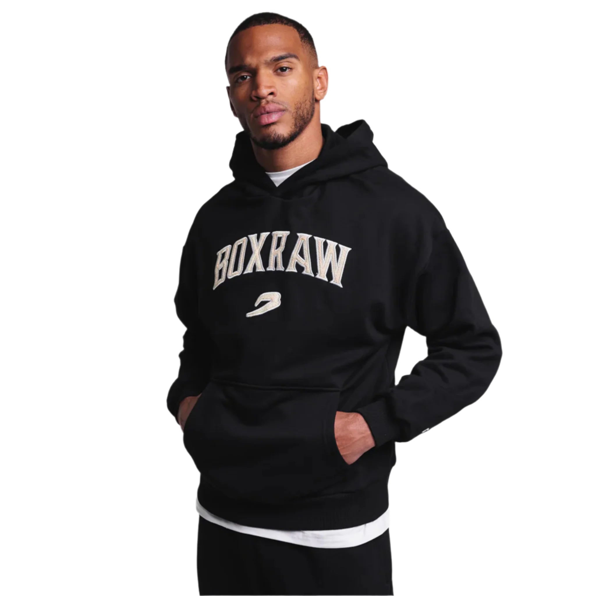 boxraw east street hoodie black with white boxraw logo on front chest