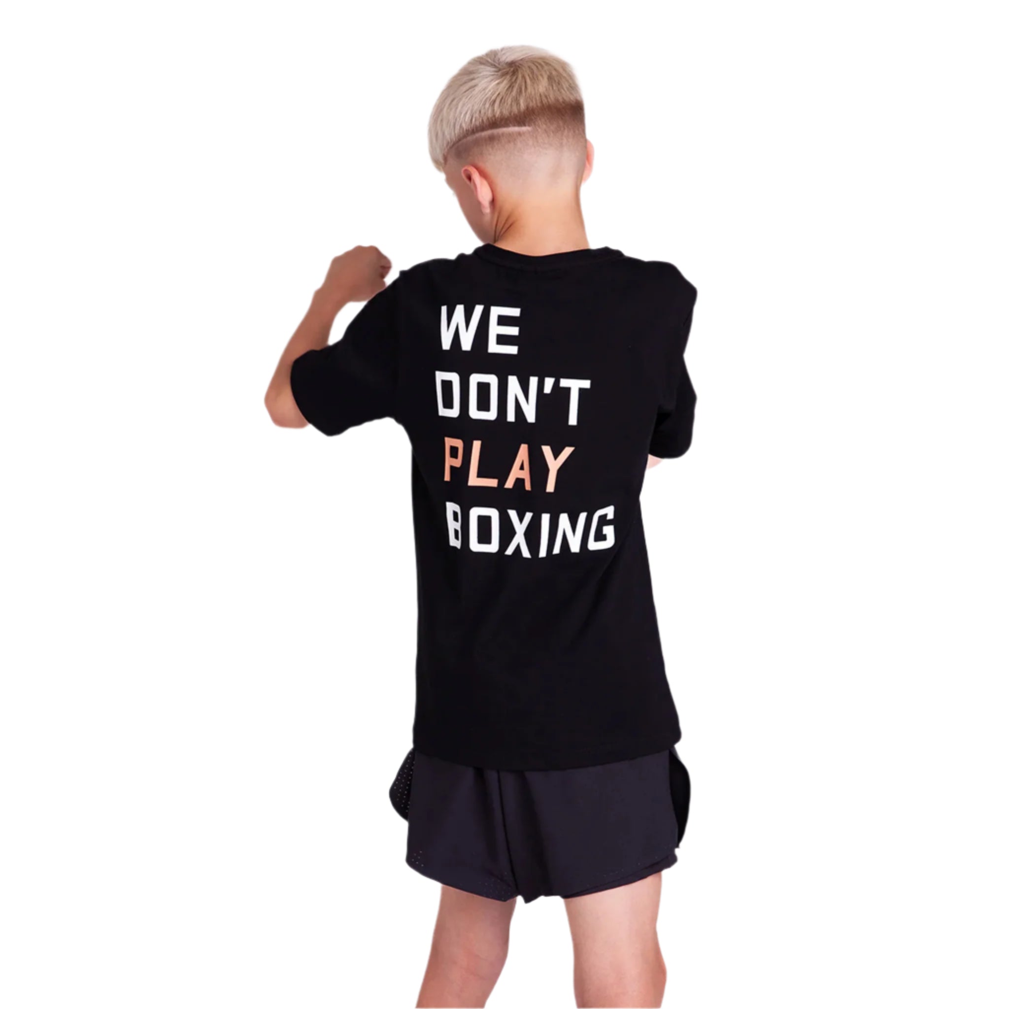 Child wearing a boxraw kids we dont play boxing t-shirt black with black shorts on a white background