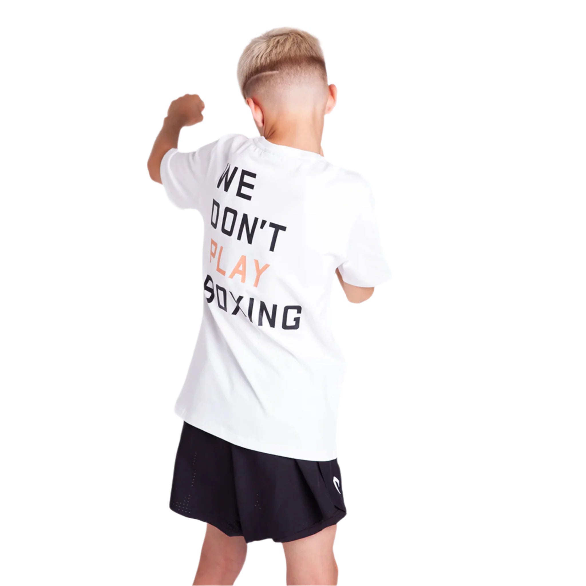 Child wearing a boxraw kids we dont play boxing t-shirt white with black shorts on a white background