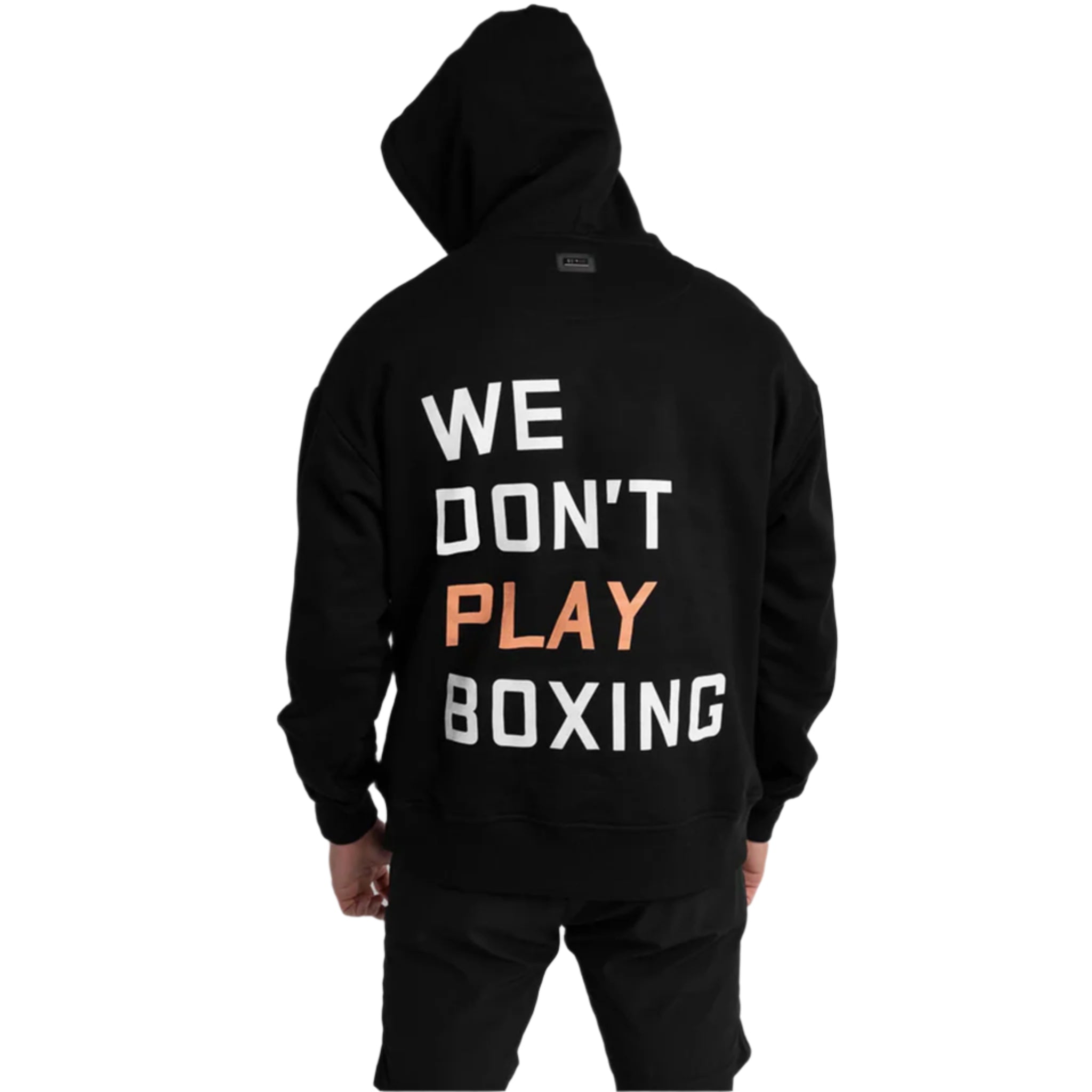 boxraw we dont play boxing oversized hoodie black with large WE DONT PLAY BOXING text on back