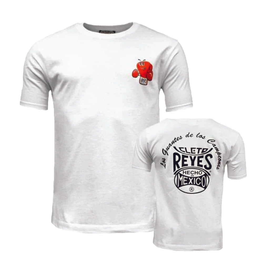 cleto reyes logo t-shirt in white with red boxing glove logo on front and large black Cleto Reyes logo text in white