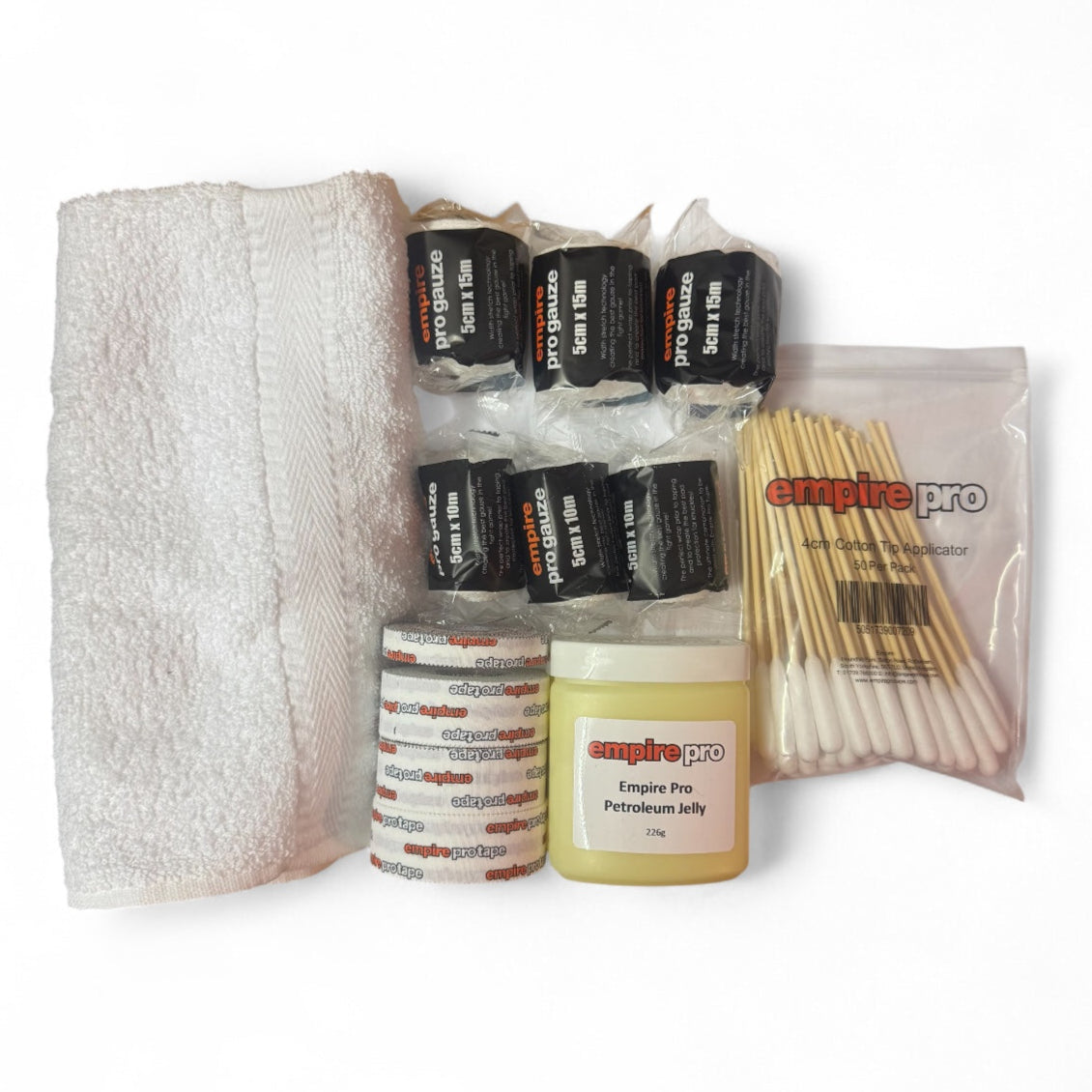 Empire Essentials pack 6 rolls of empir pro gauze bandage, swabs, vaseline, towel and empire pro tape