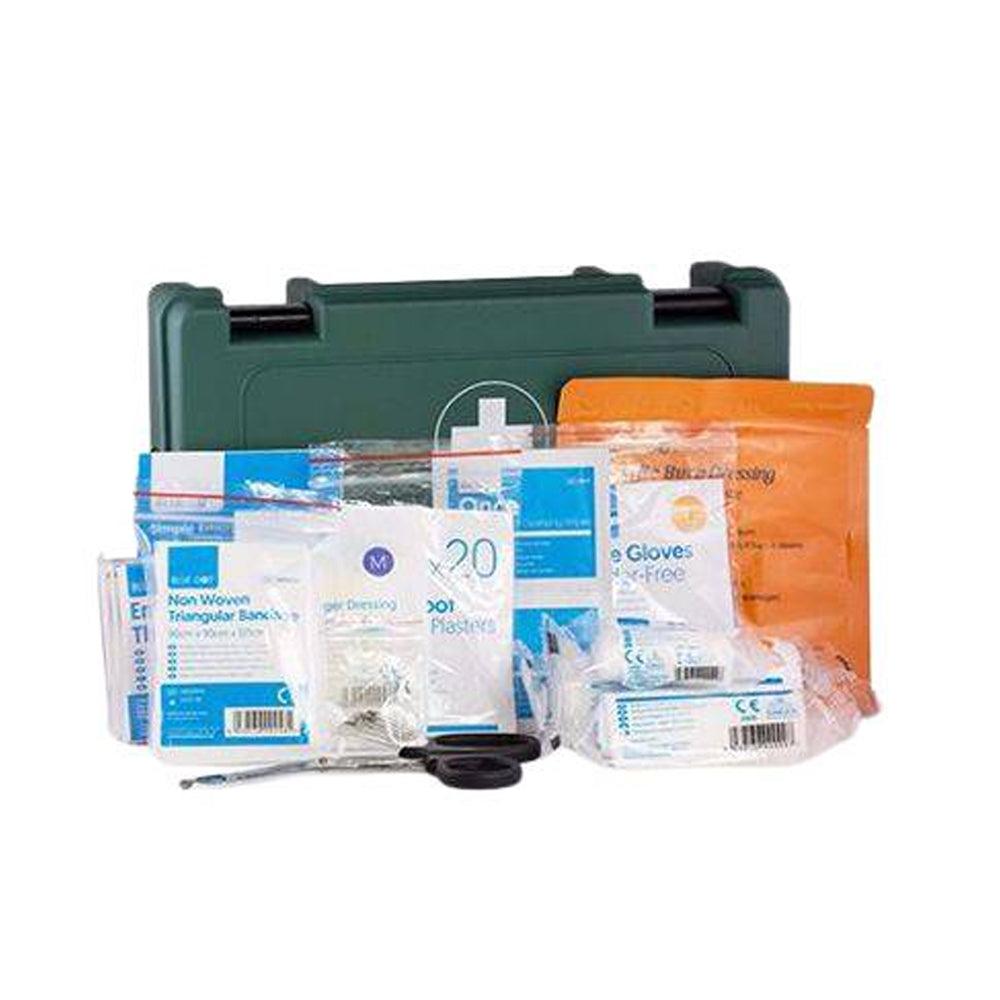 First Aif Box green with bandages plasters and scissors