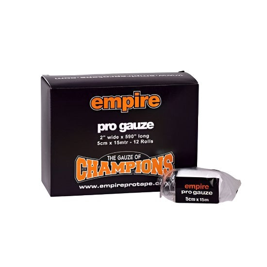 Empire Pro Gauze 15m single roll of Empire Pro Gauze with the Empire Pro gauze box behind in blakc colour