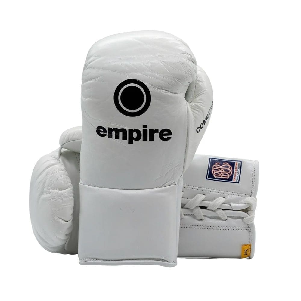 Empire pro Spartacus Pro Fight Gloves White with Black Empire Pro logo printed onto glove. BBBoC logo printed