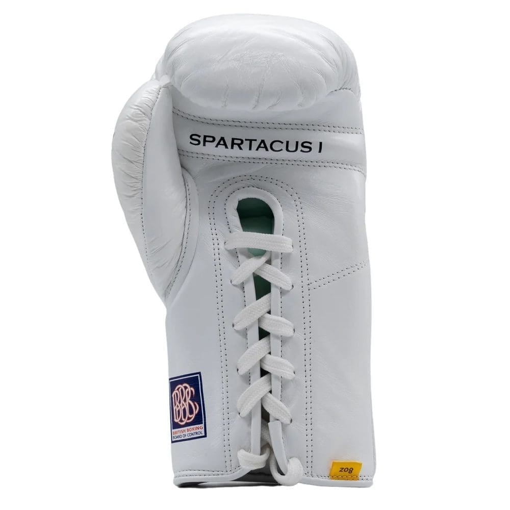 Empire pro Spartacus Pro Fight Gloves White with Black Spartacus text onto glove. 