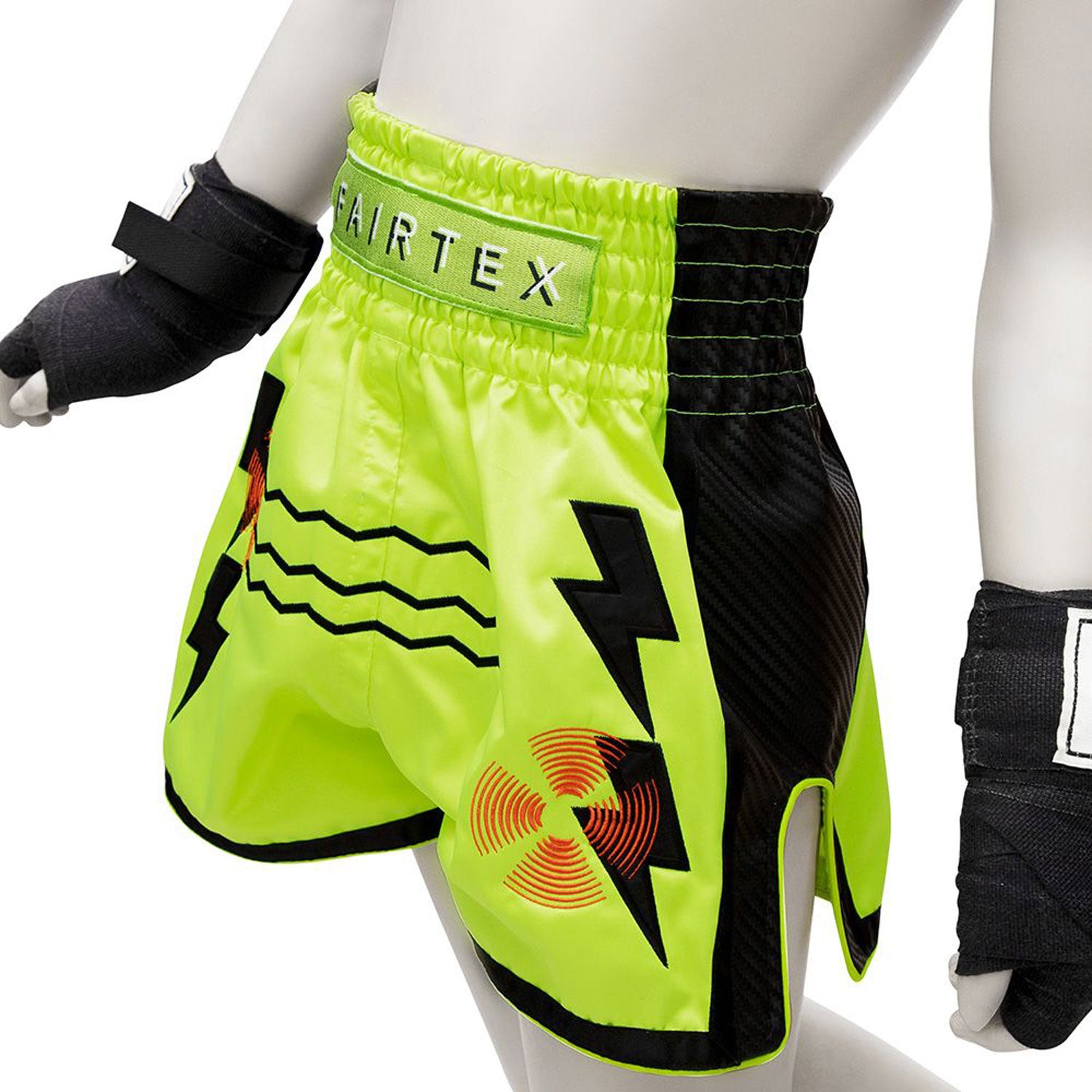 Fairtex Kids Muay Thai Shorts Sonar, Bright yellow with fairtex text on waistband