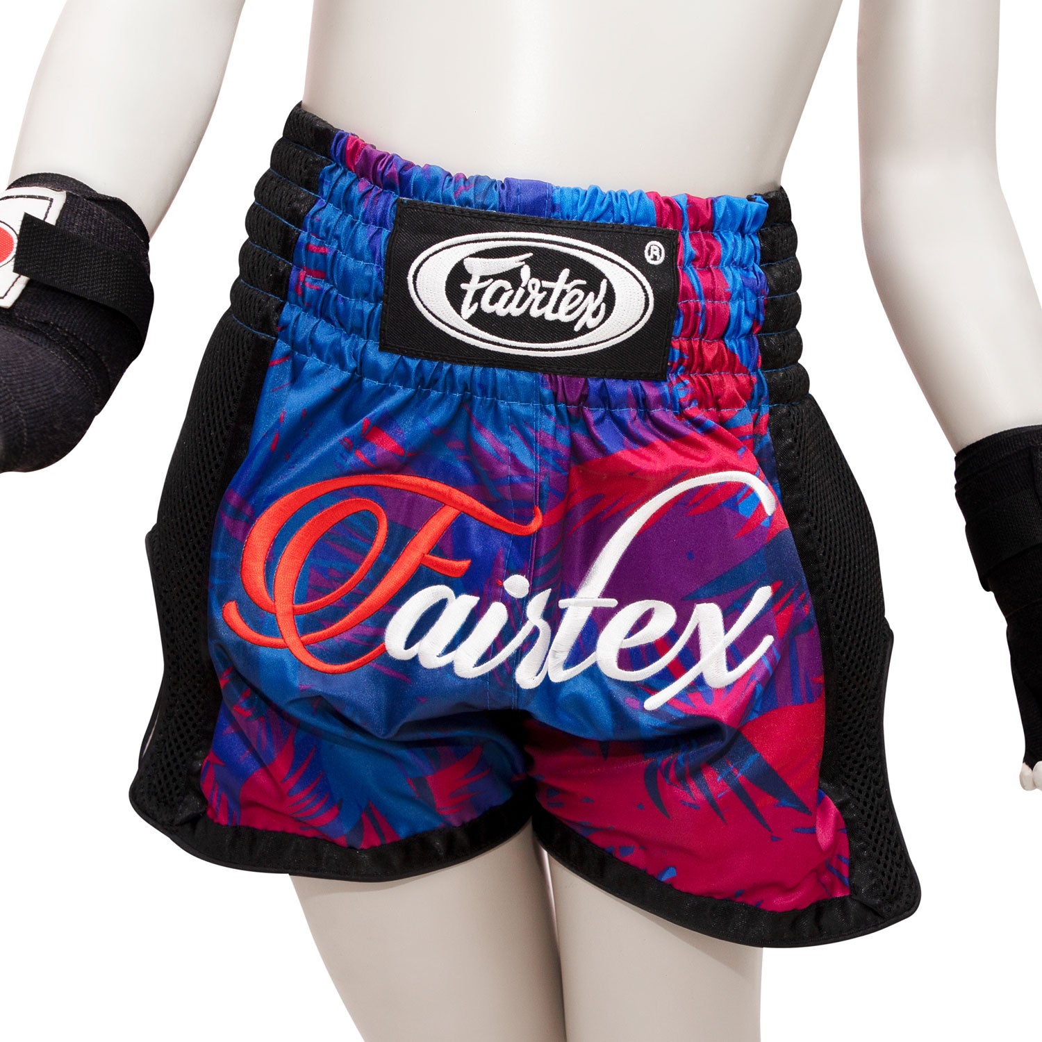Fairtex Kids Muay Thai Shorts Summer BSK2102 design blue red with black piping and multi coloured fairtex logo