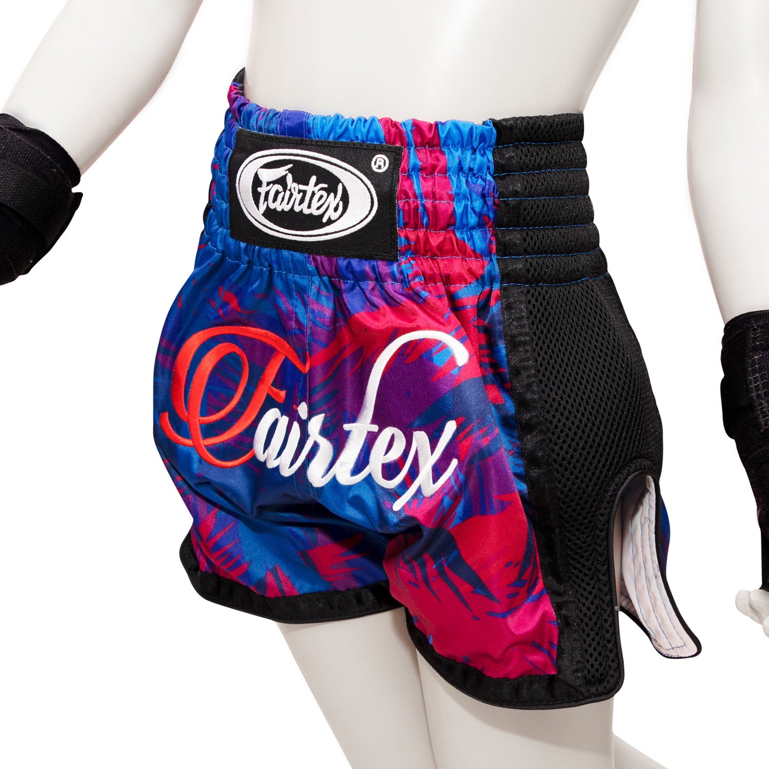 Fairtex Kids Muay Thai Shorts Summer BSK2102 design blue red with black piping and multi coloured fairtex logo