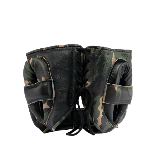 Fly Superbar Head Guard Black/Camo from the back showing black secure fastening laces