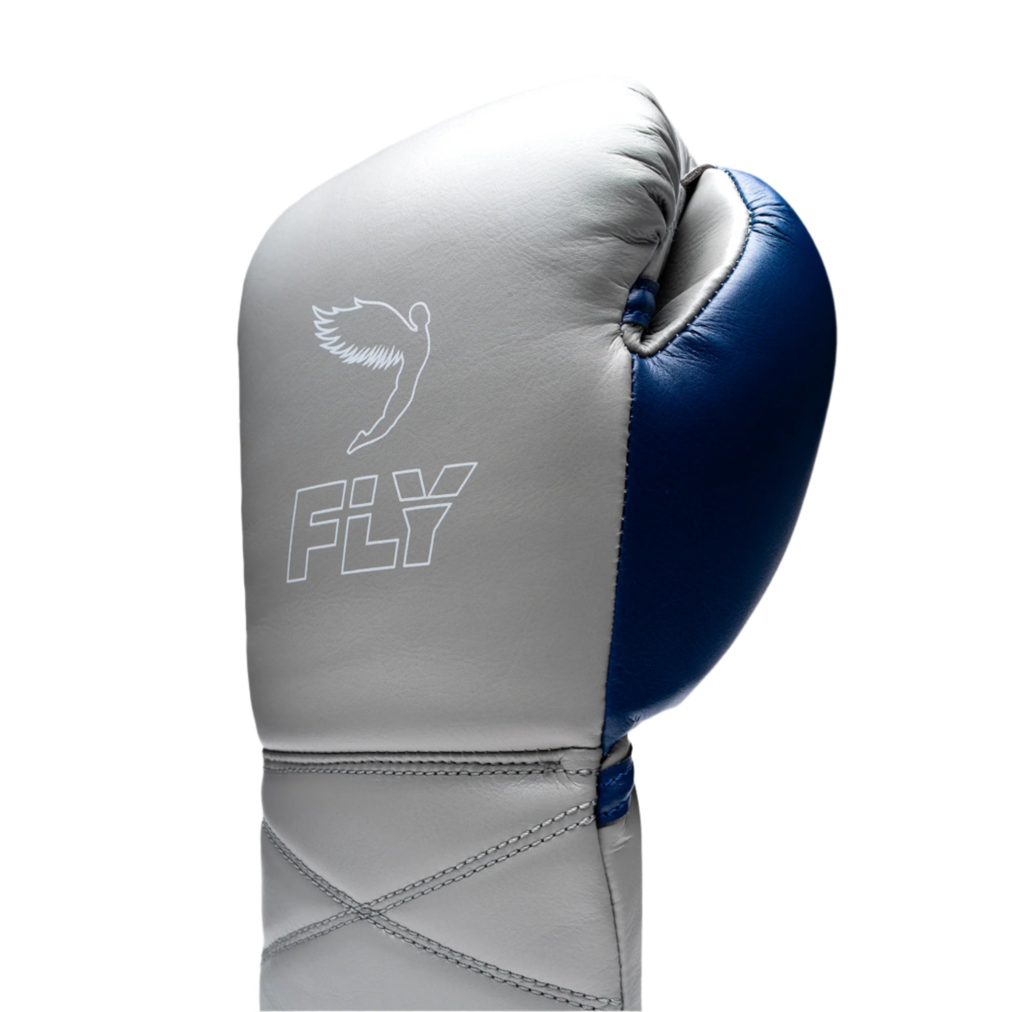 fly superlace x 2 gloves grey/space blue with white fly logo, blue thumb lace boxing gloves design