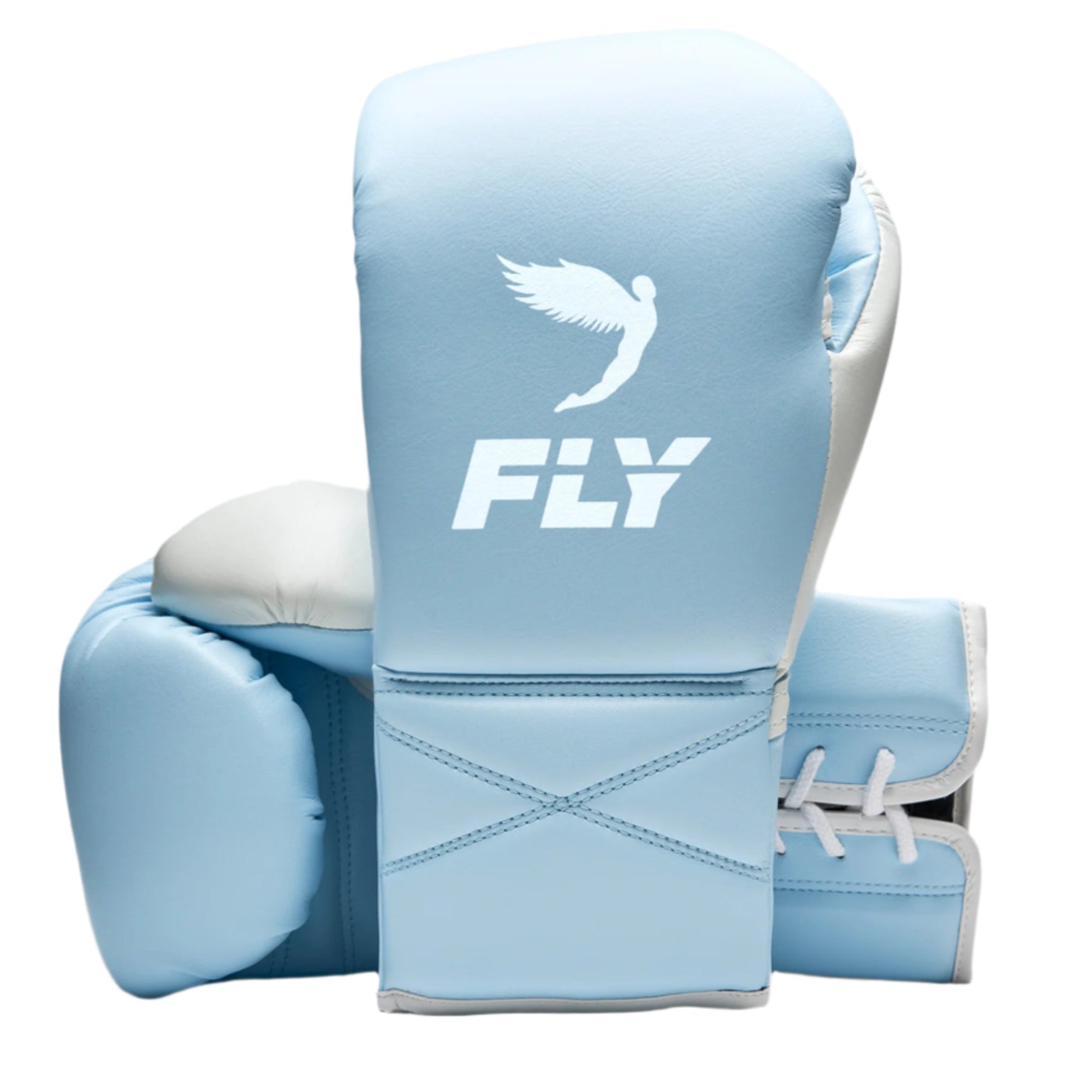 fly superlace x 2 gloves pale blue with grey thumb and white fly logo lace up boxing gloves design