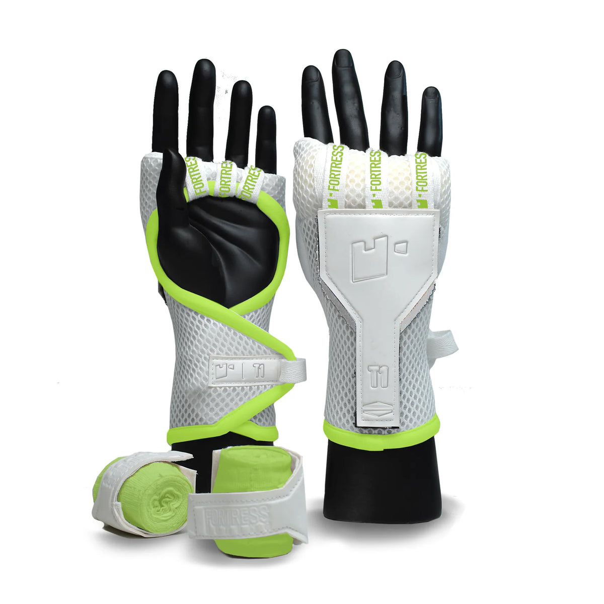 Fortress T1 Fast Wraps in white & Lime green colour showing fitted on a hand and a lime green 1m handwrap sitting to the side