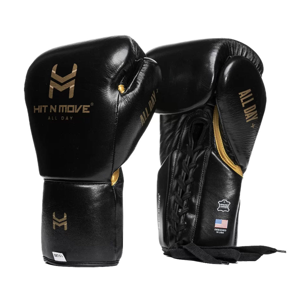 Hit n Move 24oz Conditioning Lace Boxing Gloves black with gold and gold Hit n Move logo