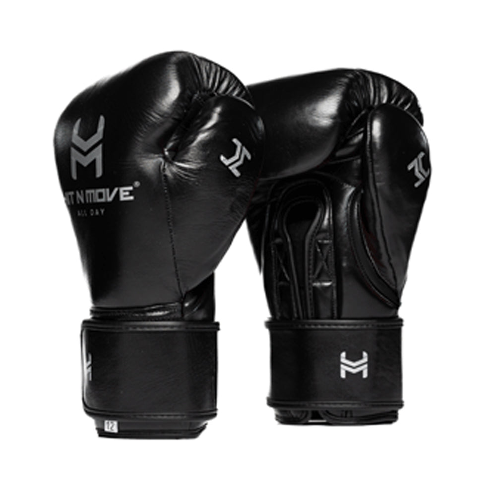Hit n Move All Day Balance Boxing Gloves Velcro Black with black inside palm and white Hit n Move boxing logo