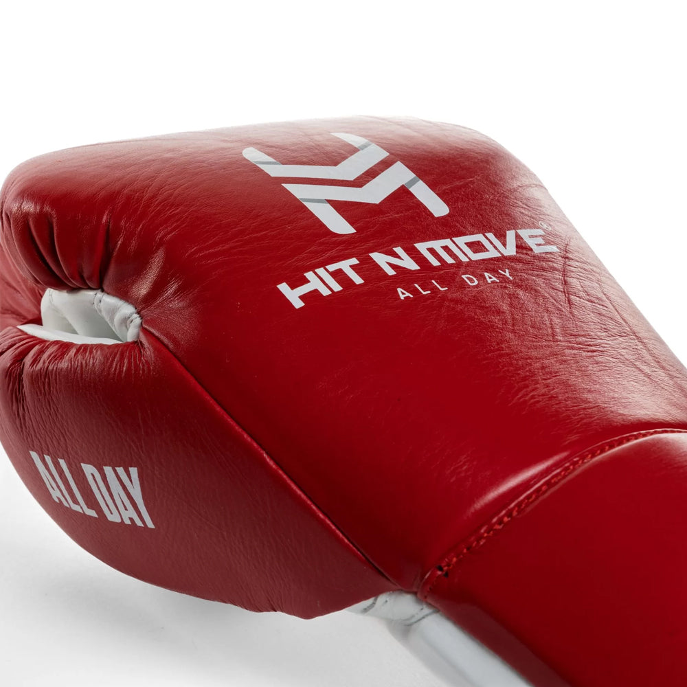 Hit n Move All Day Pro Agility Lace up Boxing Gloves. Red and White colours with white Hit n Move logo