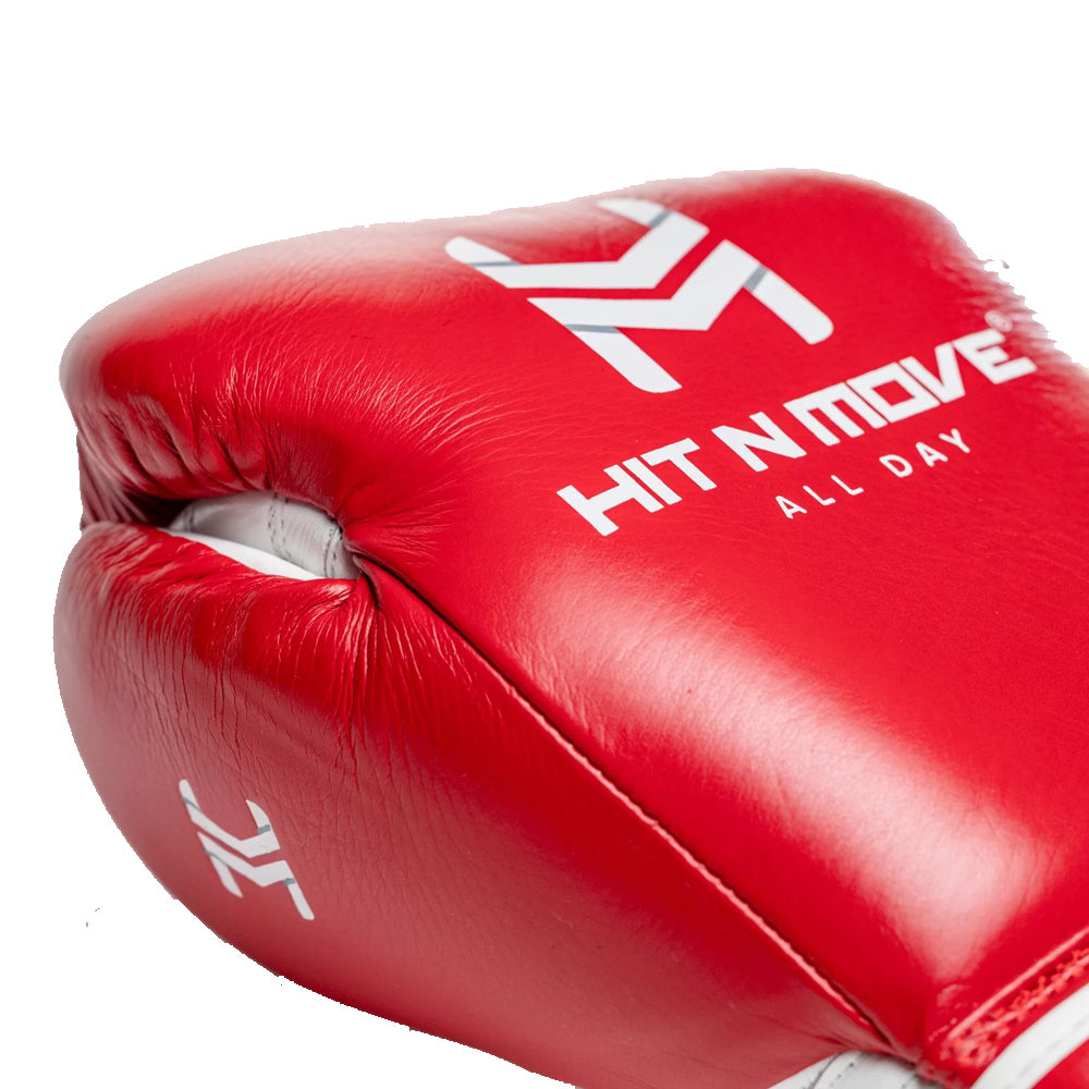 Hit n Move All Day Pro Agility Hook & Loop Boxing Gloves Red White with white Hit n Move logo