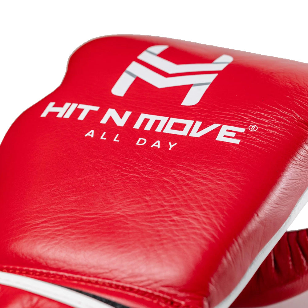 Hit n Move All Day Pro Agility Hook & Loop Boxing Gloves Red White with white Hit n Move logo