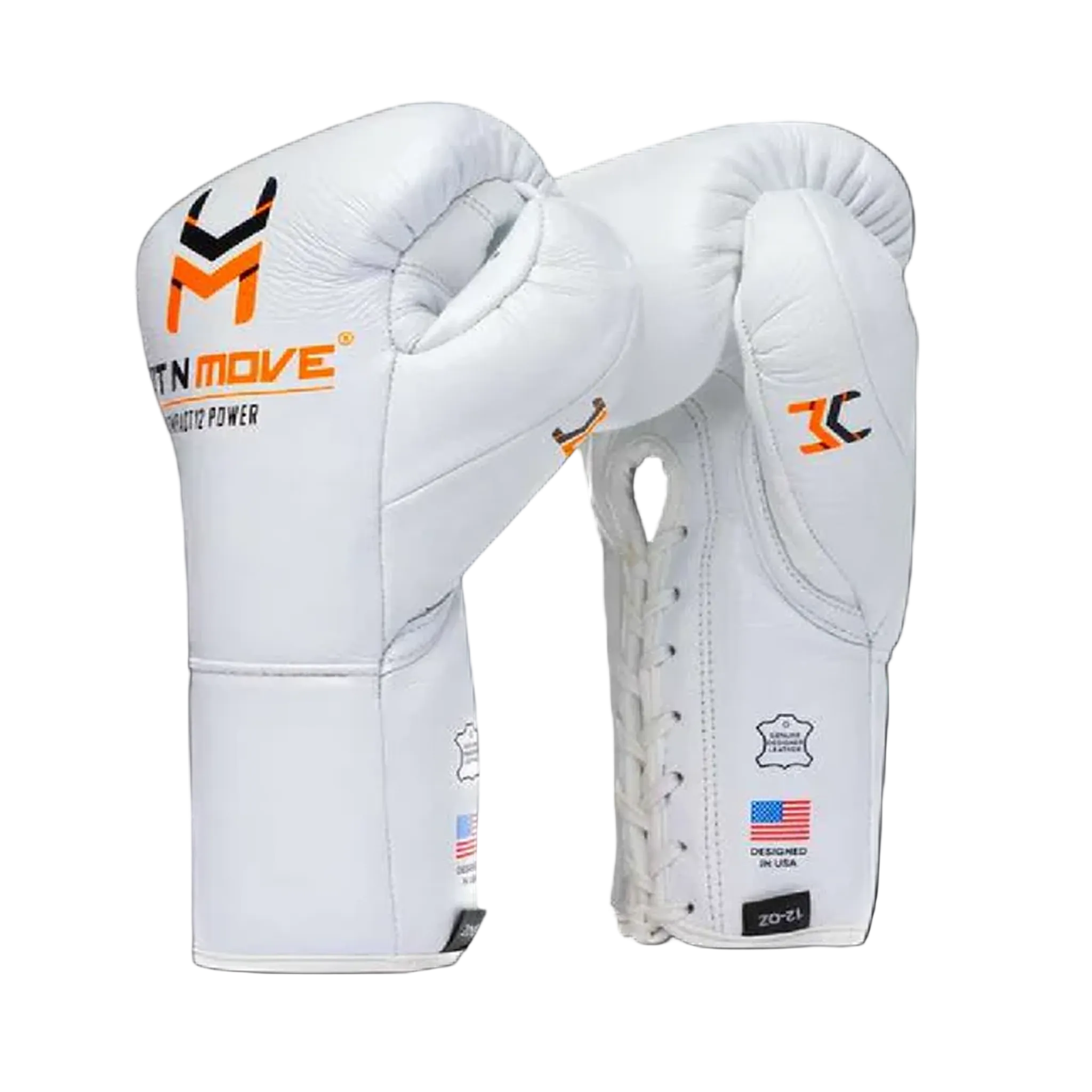 Hit n Move Compact 12oz Conditioning Boxing Gloves white with orange and black Hit n Move logo
