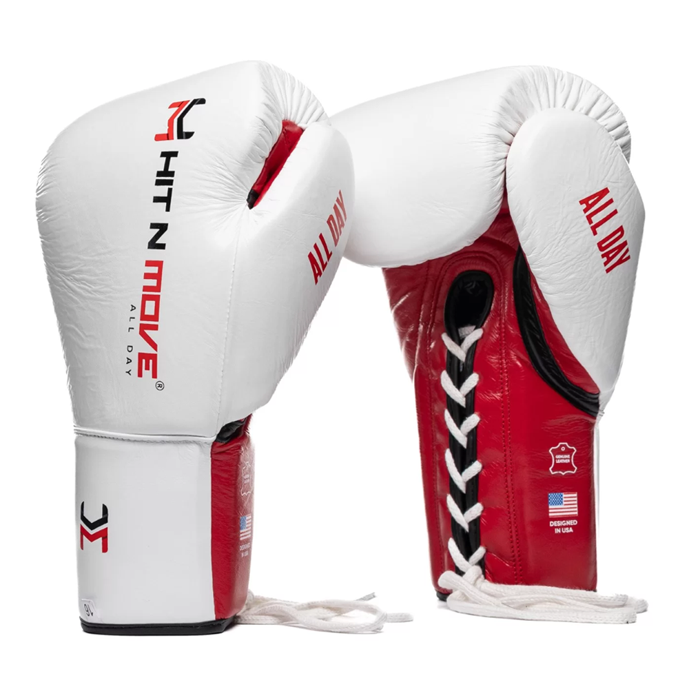 Hit n Move All Day Pro Agility Lace up Boxing Gloves White/Red with black and red hit n Move logo