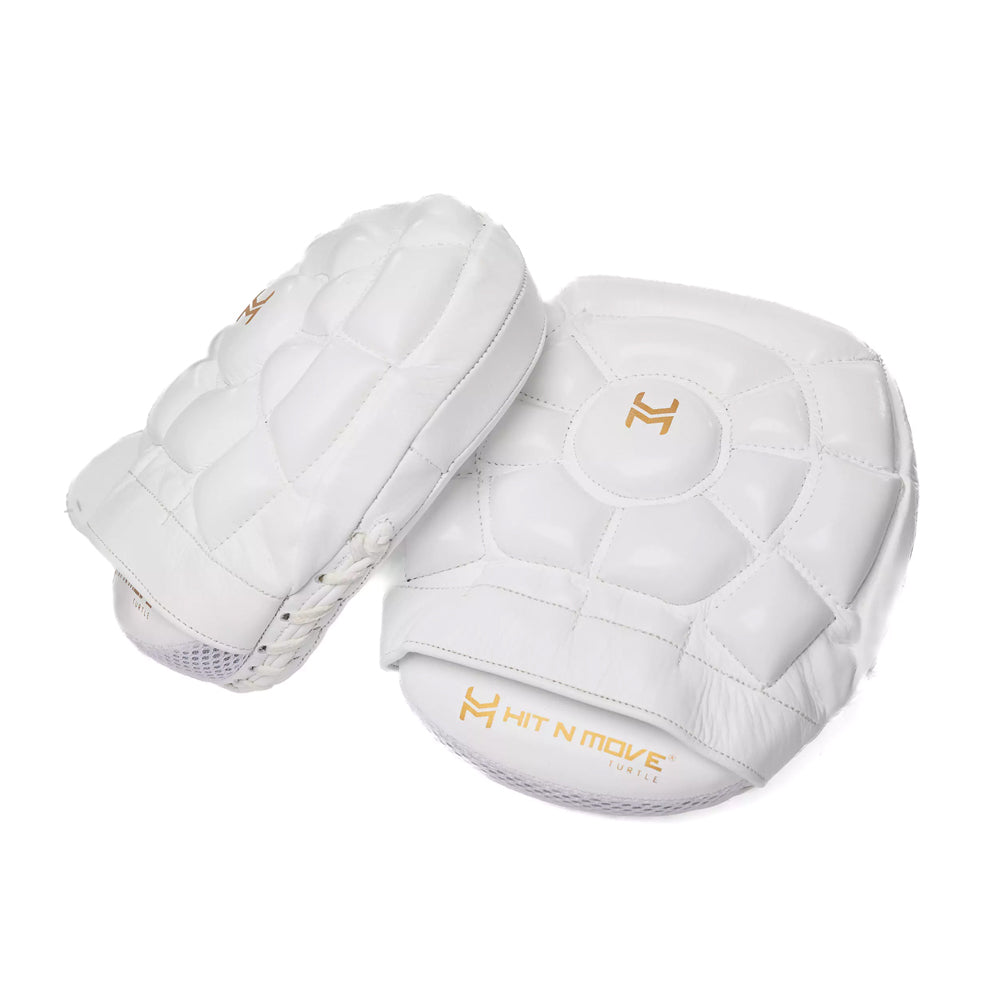 Hit n Move Turtle Mitts boxing pads White with gold hit n move logo
