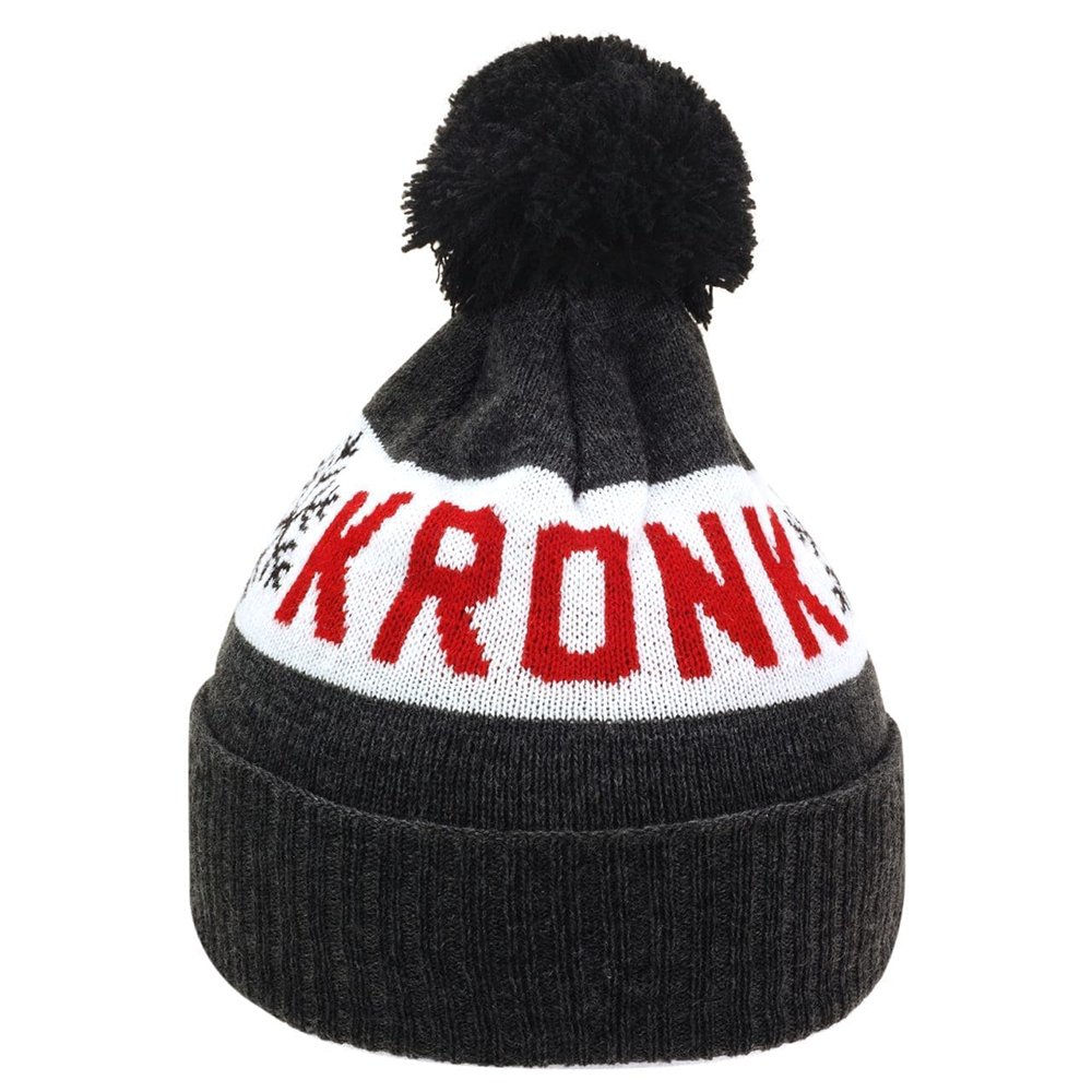 kronk bobble ski hat charcoal with red kronk text and black bobble