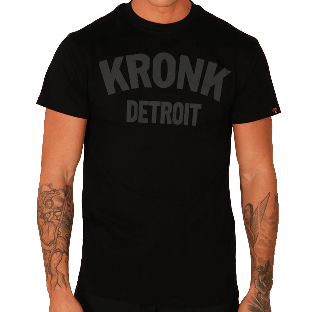 Kronl Detroit T-shirt black charcpoal with large bold text Kronk Detroit in charcoal