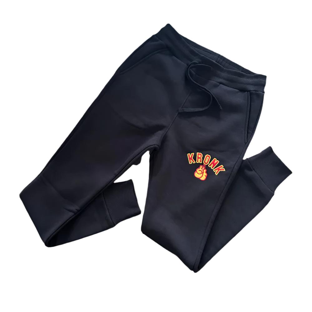 Kronk Gloves Applique Joggers Athletic Fit black with yellow and red kronk boxing gloves design on left leg