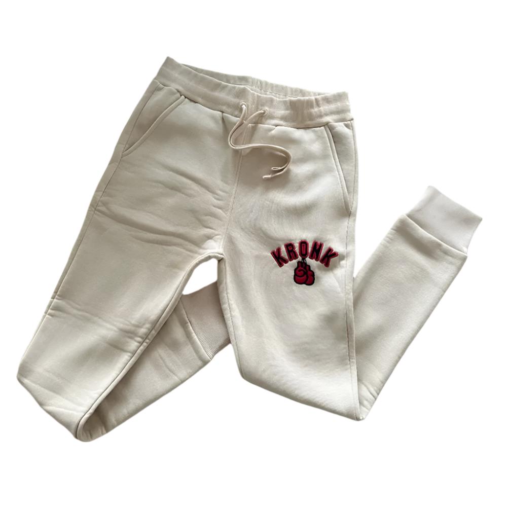 Kronk Gloves Applique Joggers Athletic Fit Off White with red and black kronk boxing gloves logo on left leg